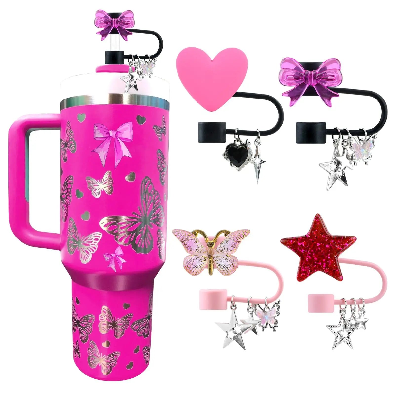 4PCS Stanley Tumbler Accessories Set – Cute Star & Bow Silicone Straw Covers, 10mm Dust-Proof Toppers & Tip Protectors