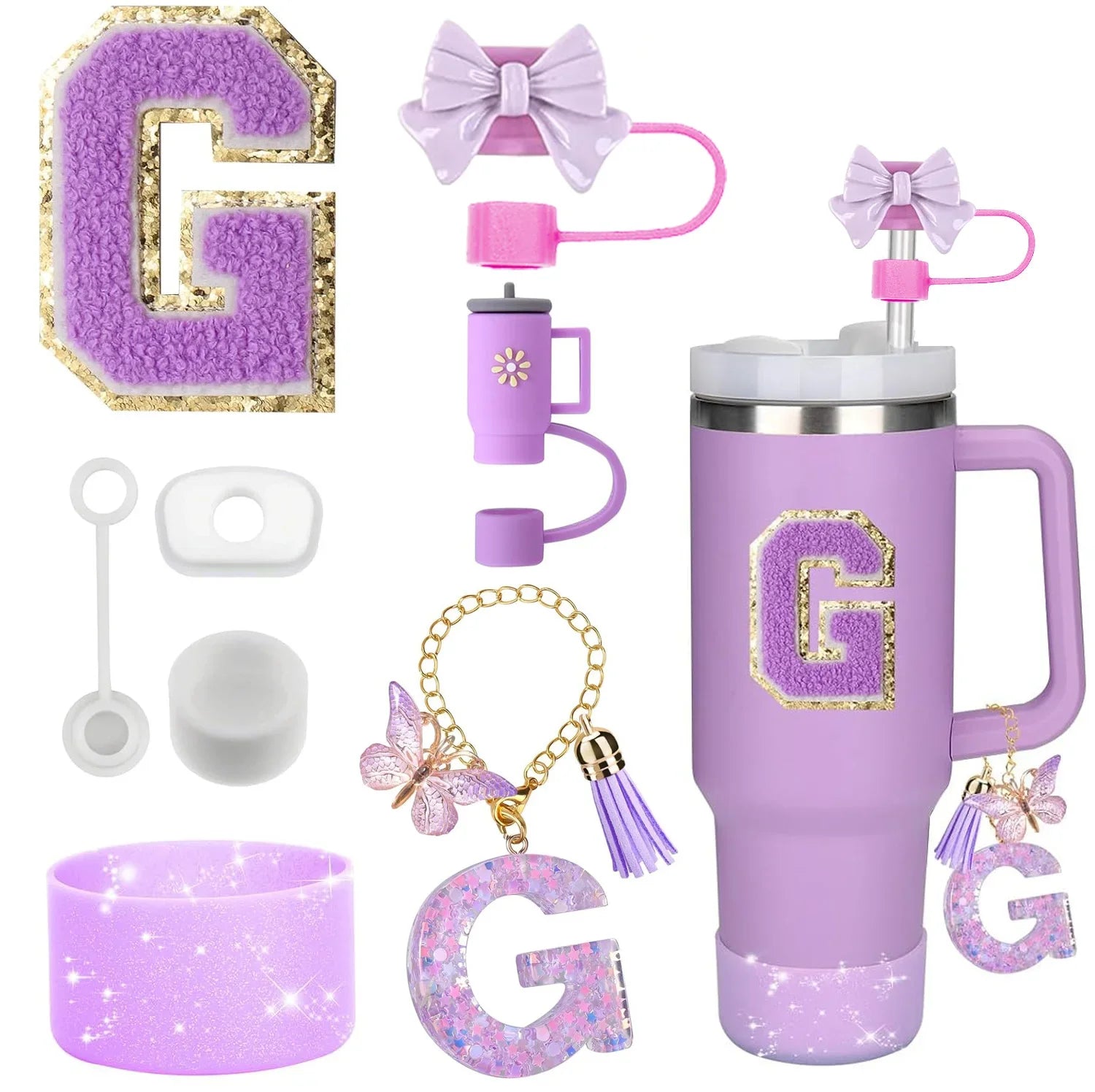 8PCS Stanley Cup Accessories Set – Purple 30/40oz Tumbler Straw Topper, Cap, Boot, Handle, Charm & Initial Stickers