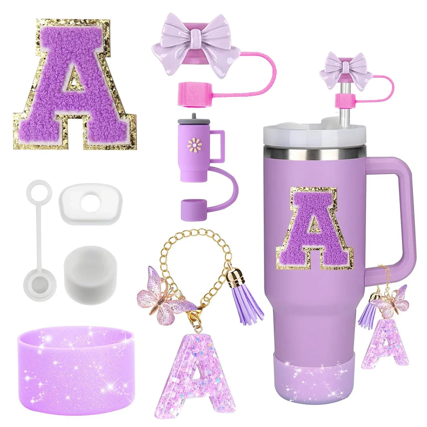 8PCS Stanley Cup Accessories Set – Purple 30/40oz Tumbler Straw Topper, Cap, Boot, Handle, Charm & Initial Stickers