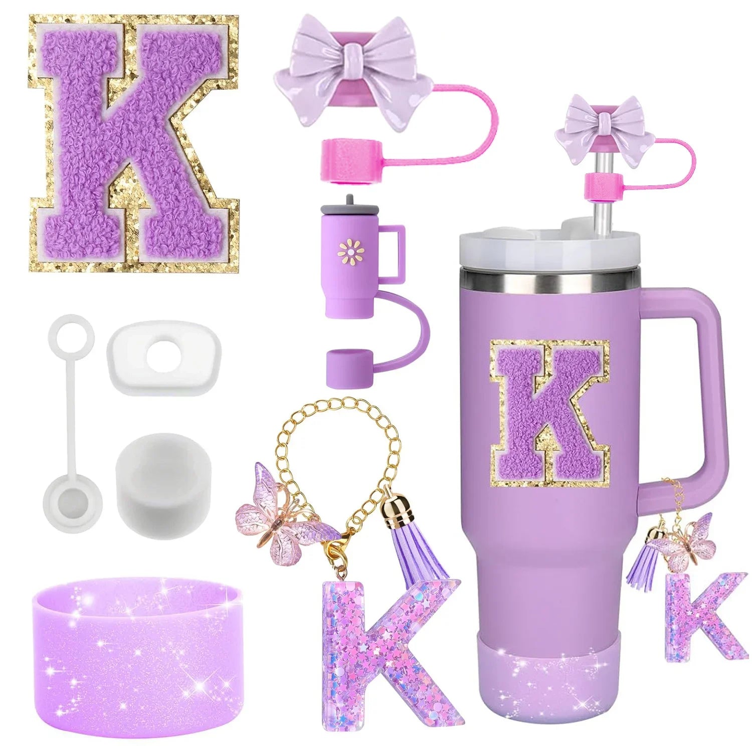 8PCS Stanley Cup Accessories Set – Purple 30/40oz Tumbler Straw Topper, Cap, Boot, Handle, Charm & Initial Stickers