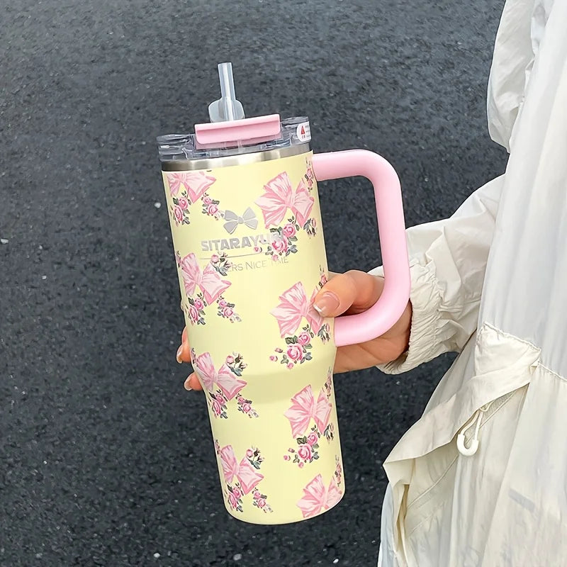 900ml Floral Stainless Steel Tumbler with Straw
