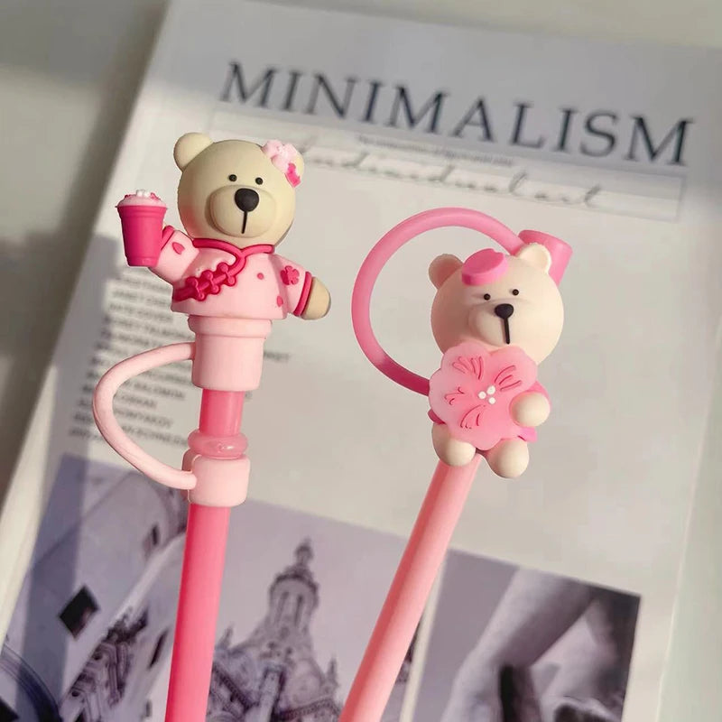 Pink Kawaii Straw Topper – Bear & Cherry Silicone Accessories