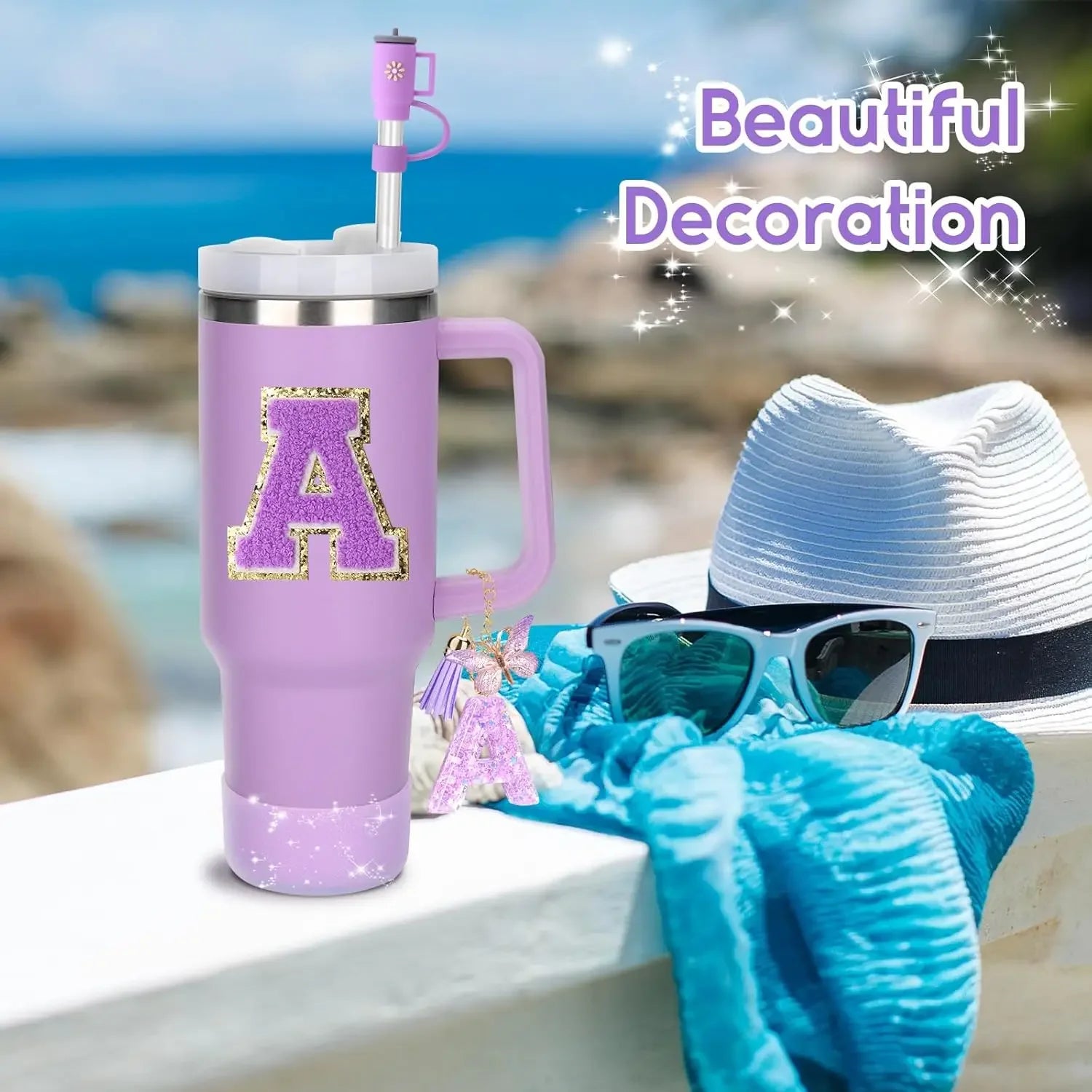 8PCS Stanley Cup Accessories Set – Purple 30/40oz Tumbler Straw Topper, Cap, Boot, Handle, Charm & Initial Stickers