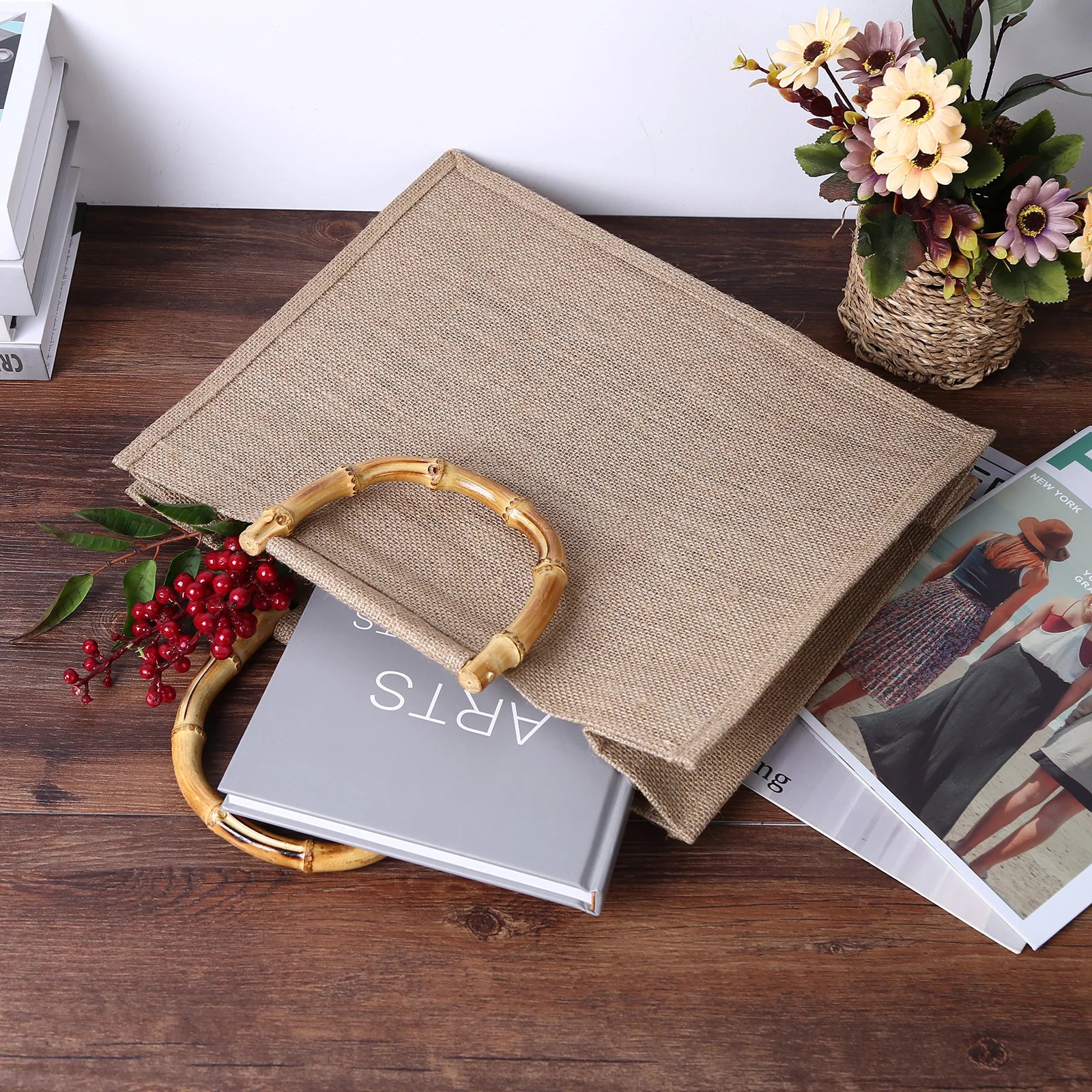 Eco-Friendly Jute Tote Bag with Bamboo Handles