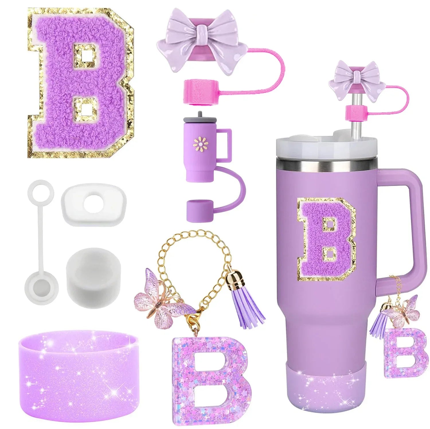 8PCS Stanley Cup Accessories Set – Purple 30/40oz Tumbler Straw Topper, Cap, Boot, Handle, Charm & Initial Stickers