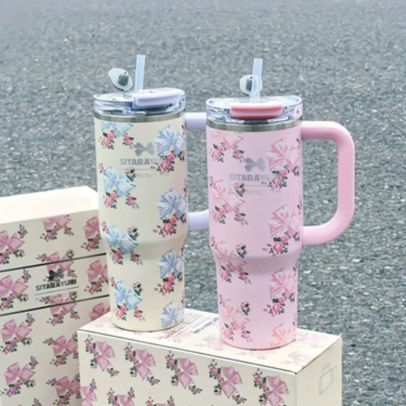900ml Floral Stainless Steel Tumbler with Straw