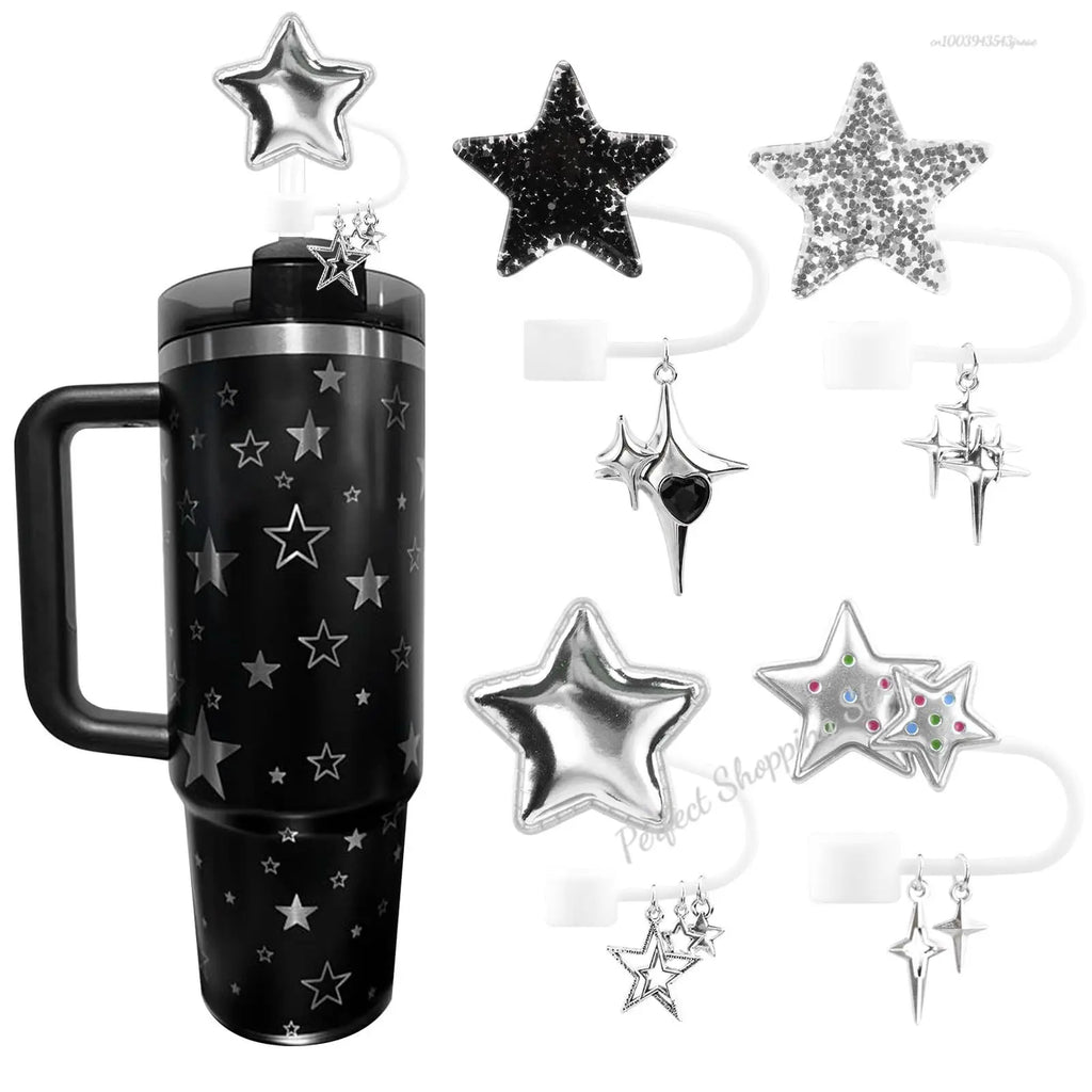 4PCS Stanley Tumbler Accessories Set – Cute Star & Bow Silicone Straw Covers, 10mm Dust-Proof Toppers & Tip Protectors