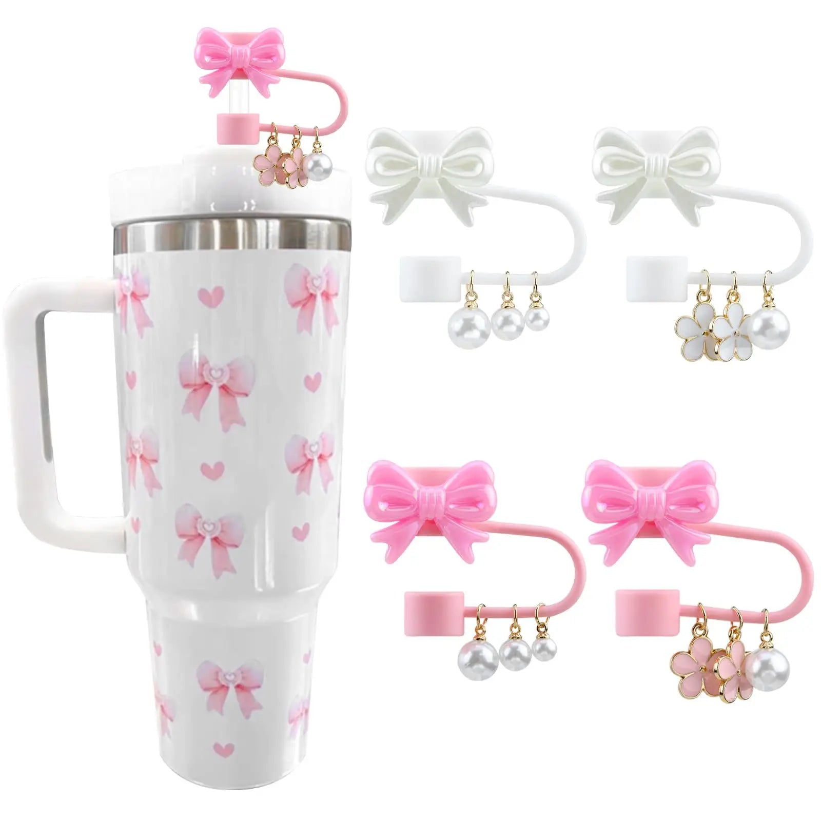 4PCS Stanley Tumbler Accessories Set – Cute Star & Bow Silicone Straw Covers, 10mm Dust-Proof Toppers & Tip Protectors