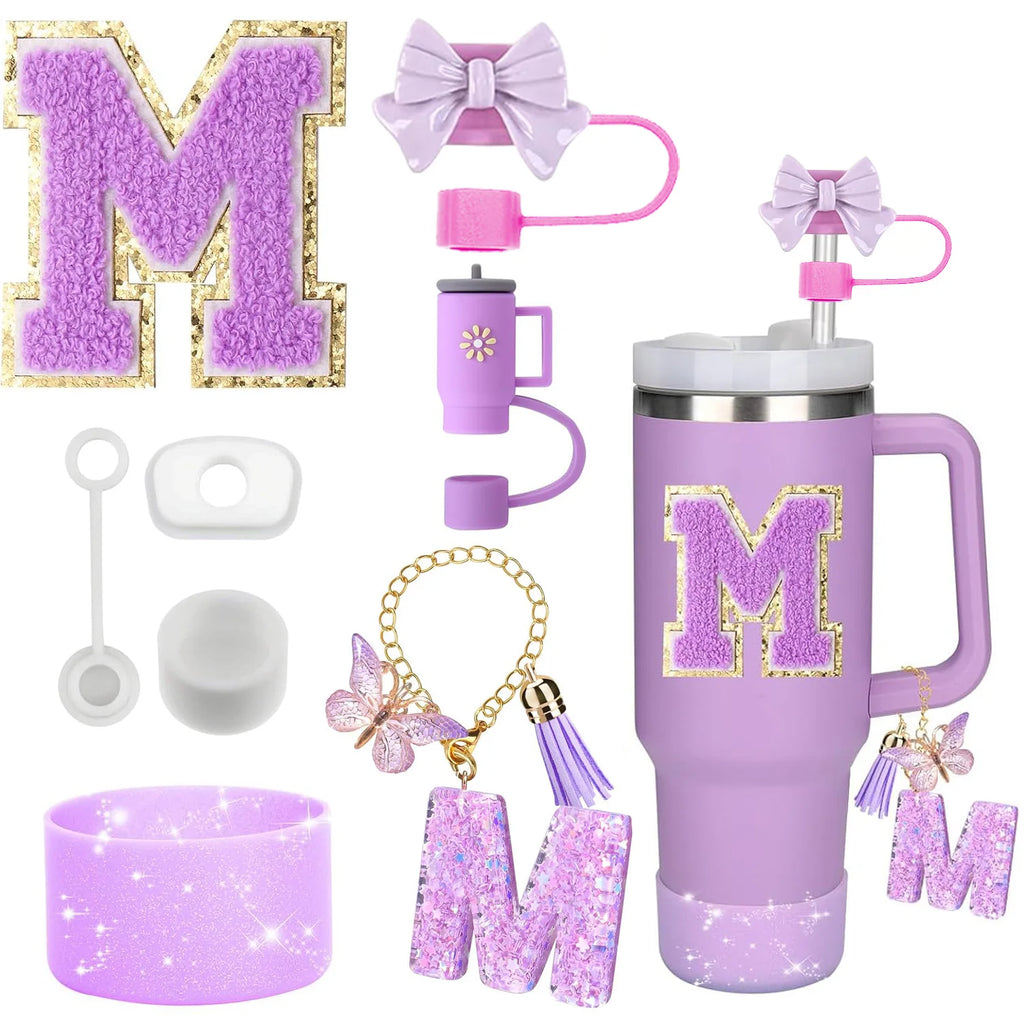 8PCS Stanley Cup Accessories Set – Purple 30/40oz Tumbler Straw Topper, Cap, Boot, Handle, Charm & Initial Stickers
