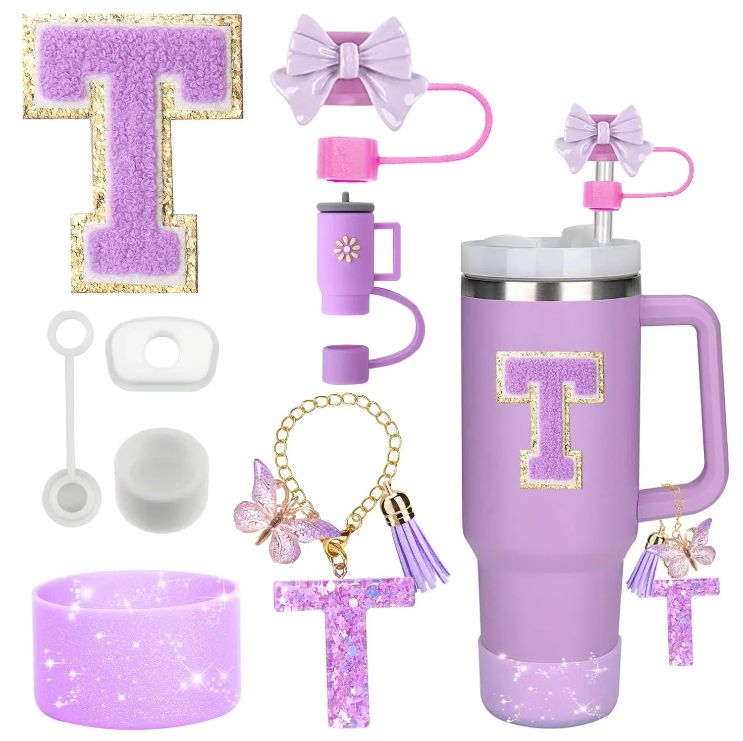 8PCS Stanley Cup Accessories Set – Purple 30/40oz Tumbler Straw Topper, Cap, Boot, Handle, Charm & Initial Stickers