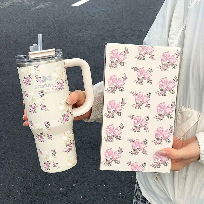 900ml Floral Stainless Steel Tumbler with Straw