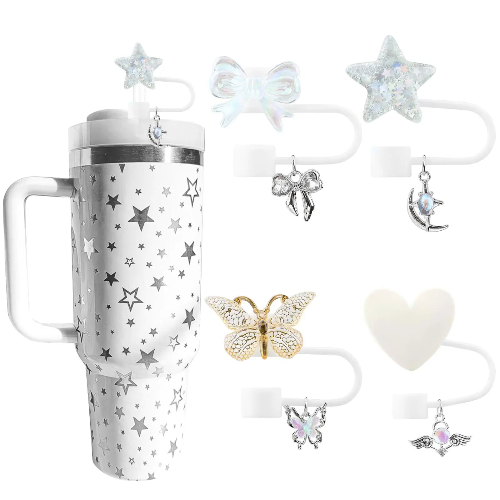 4PCS Stanley Tumbler Accessories Set – Cute Star & Bow Silicone Straw Covers, 10mm Dust-Proof Toppers & Tip Protectors