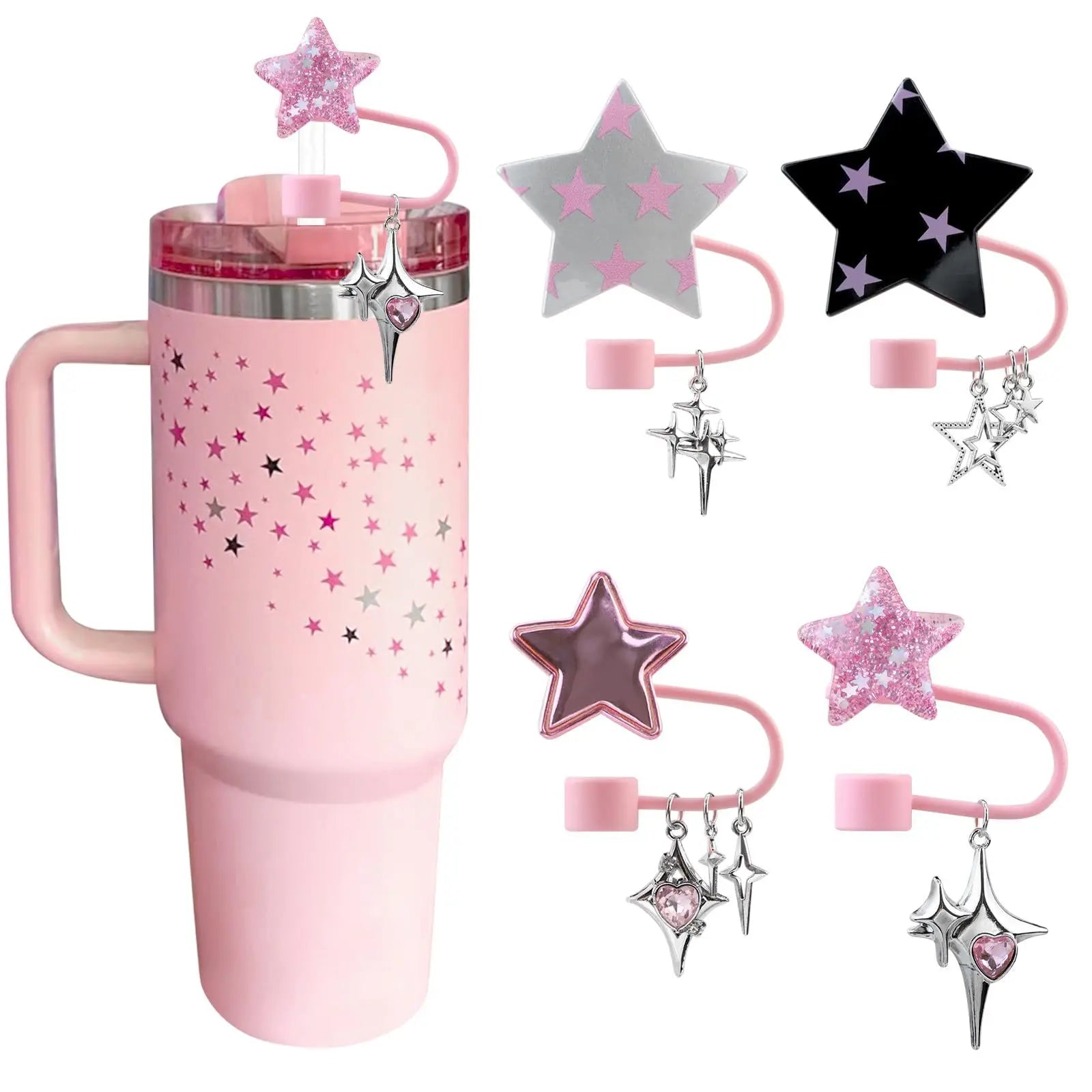 4PCS Stanley Tumbler Accessories Set – Cute Star & Bow Silicone Straw Covers, 10mm Dust-Proof Toppers & Tip Protectors