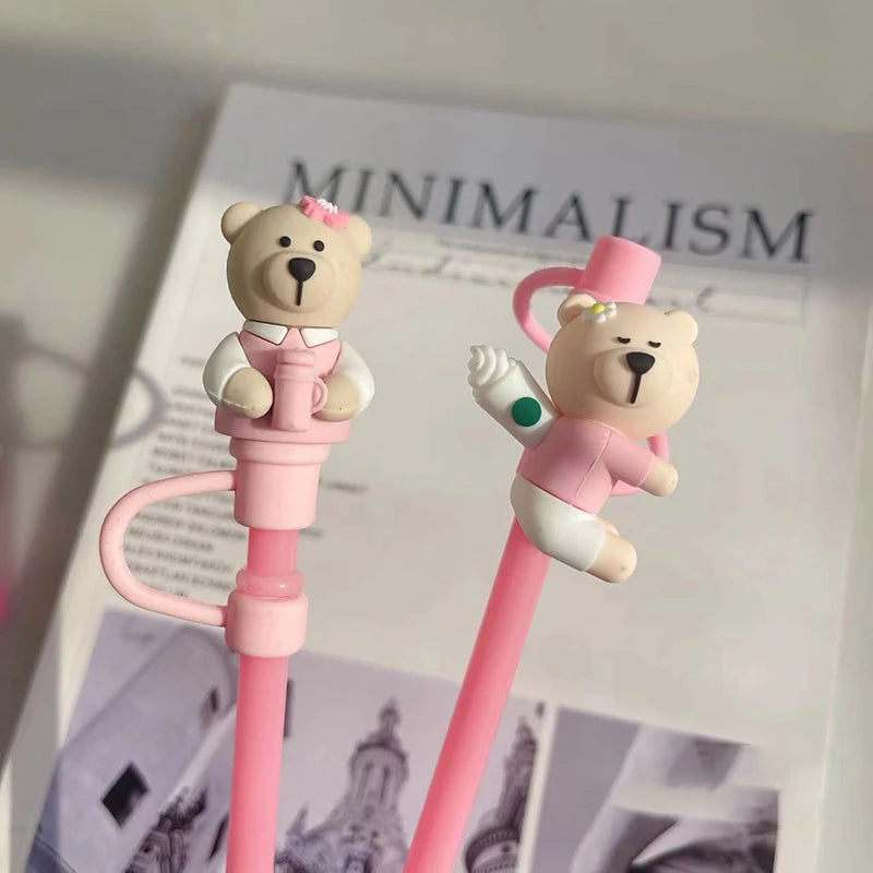 Pink Kawaii Straw Topper – Bear & Cherry Silicone Accessories
