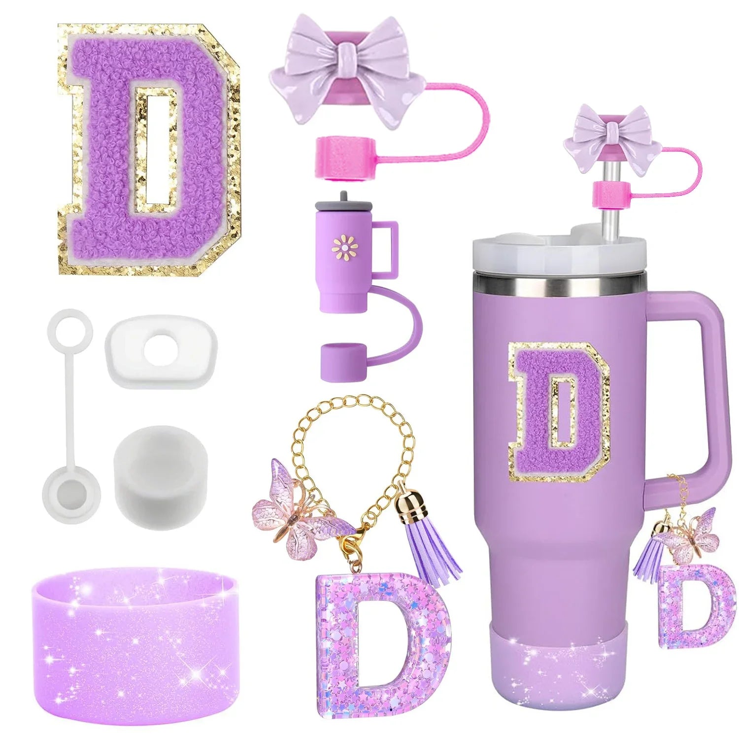 8PCS Stanley Cup Accessories Set – Purple 30/40oz Tumbler Straw Topper, Cap, Boot, Handle, Charm & Initial Stickers