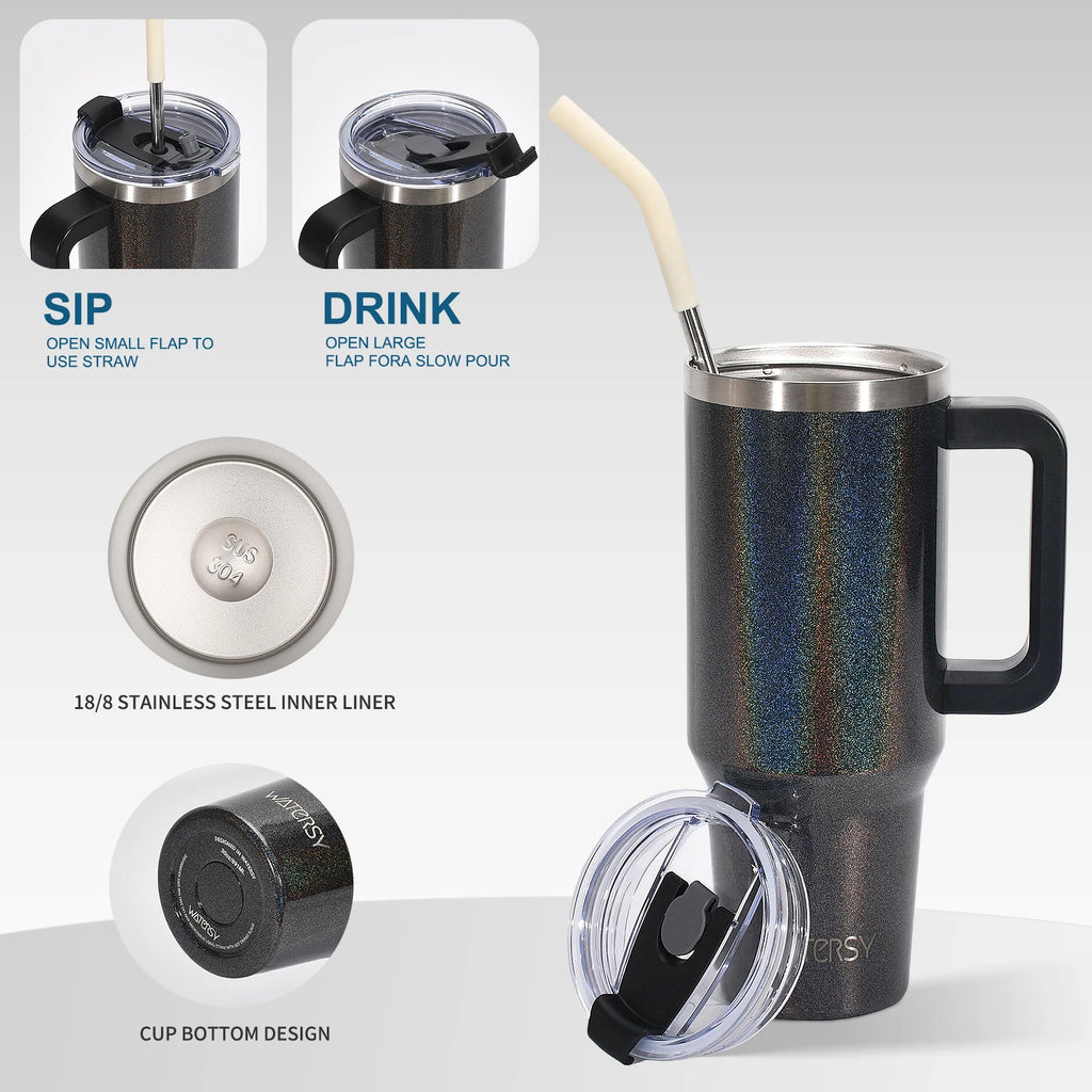 WATERSY 30/40oz Insulated Drinkware – Stainless Steel Tumbler with Handle & Straw