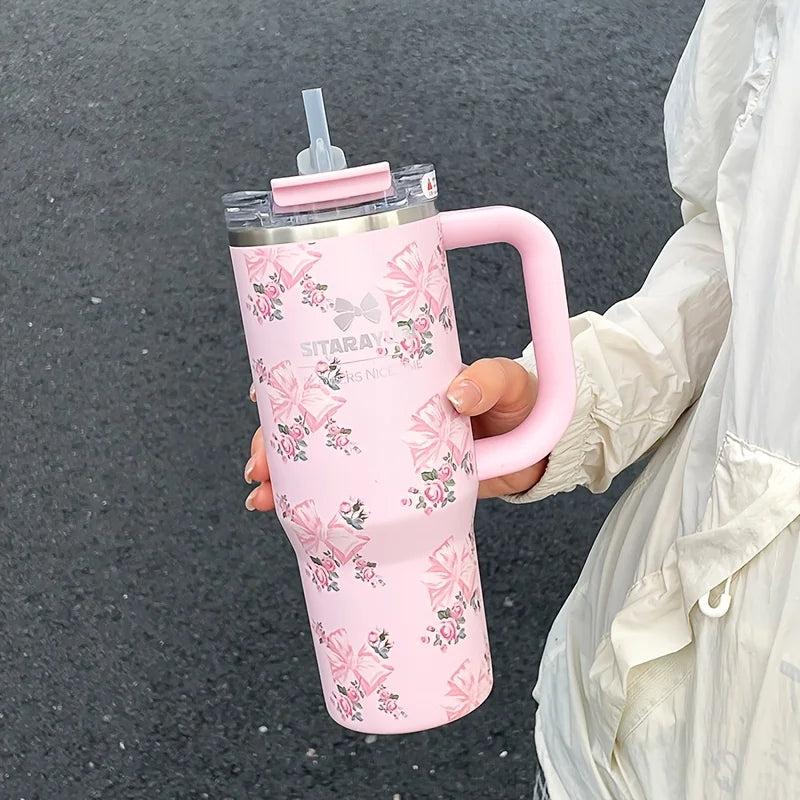 900ml Floral Stainless Steel Tumbler with Straw