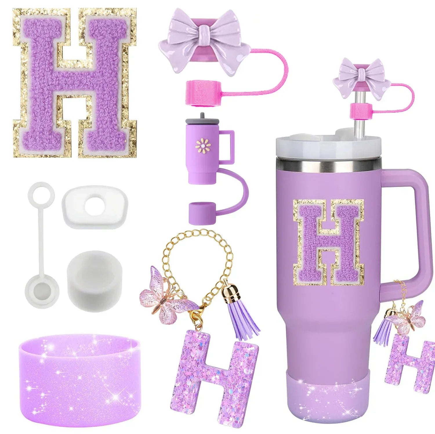 8PCS Stanley Cup Accessories Set – Purple 30/40oz Tumbler Straw Topper, Cap, Boot, Handle, Charm & Initial Stickers