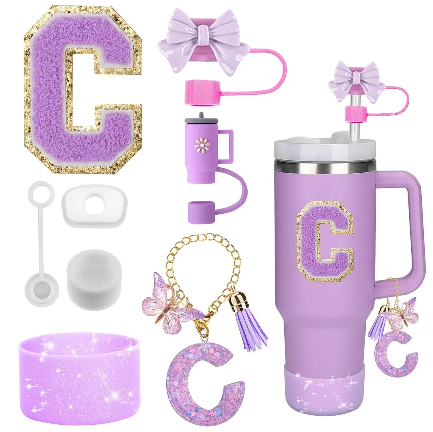 8PCS Stanley Cup Accessories Set – Purple 30/40oz Tumbler Straw Topper, Cap, Boot, Handle, Charm & Initial Stickers