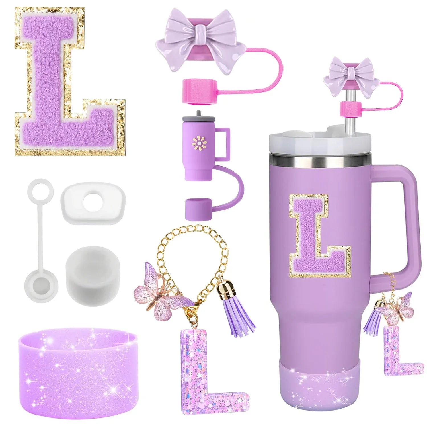 8PCS Stanley Cup Accessories Set – Purple 30/40oz Tumbler Straw Topper, Cap, Boot, Handle, Charm & Initial Stickers