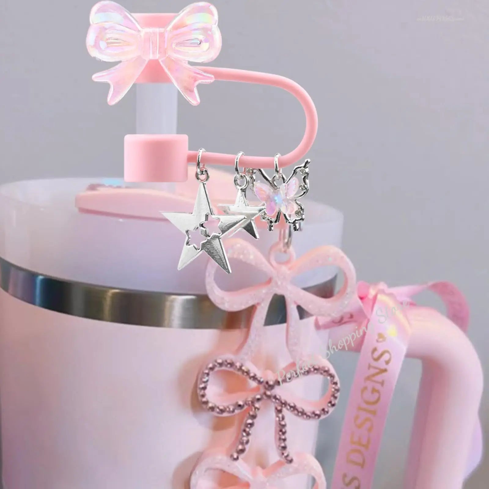 4PCS Stanley Tumbler Accessories Set – Cute Star & Bow Silicone Straw Covers, 10mm Dust-Proof Toppers & Tip Protectors