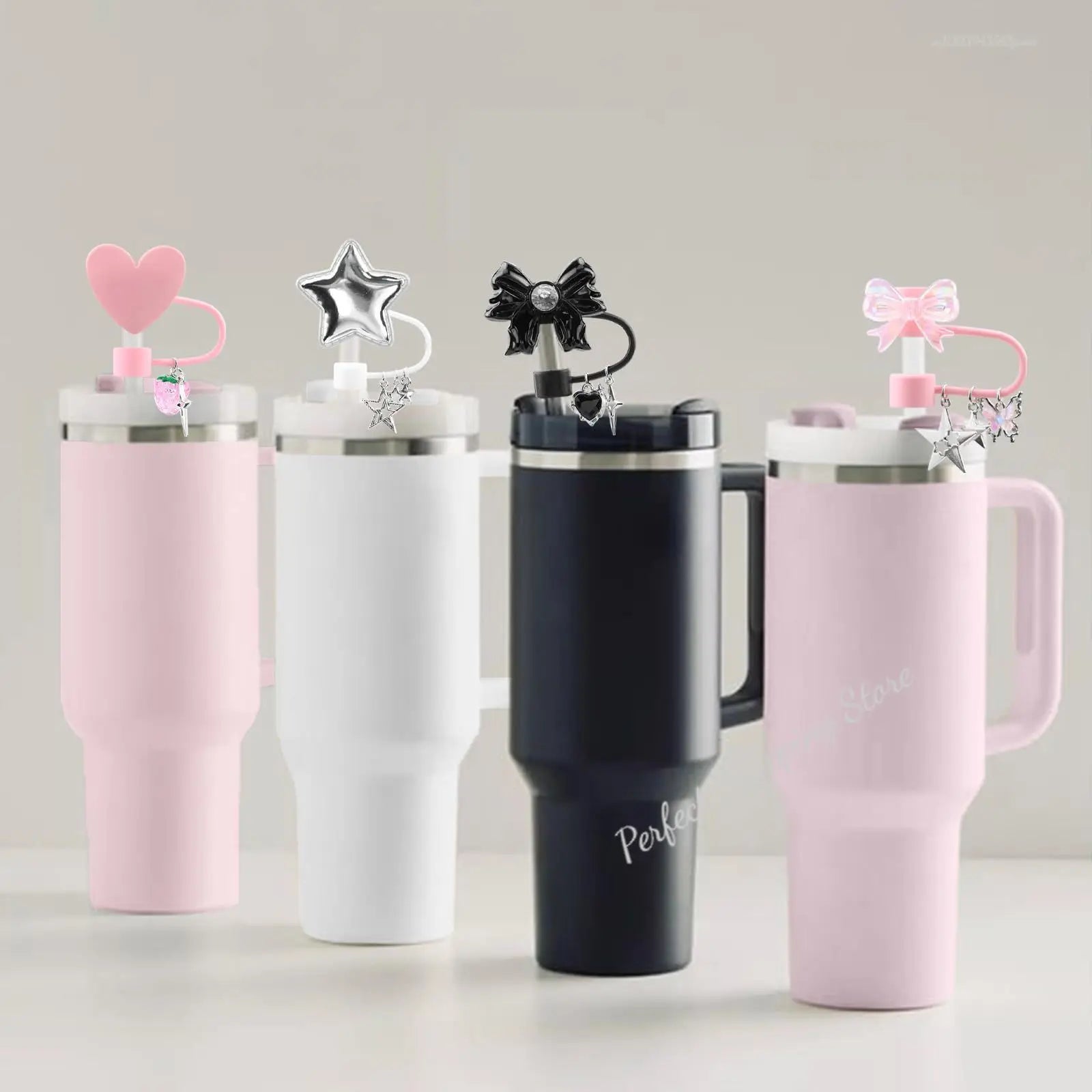 4PCS Stanley Tumbler Accessories Set – Cute Star & Bow Silicone Straw Covers, 10mm Dust-Proof Toppers & Tip Protectors
